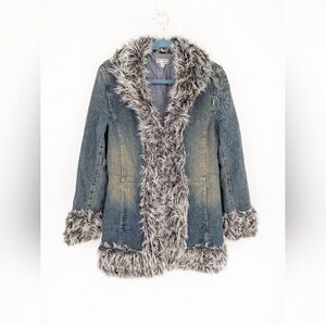 Vintage Y2K Penny Lane Denim Faux Fur Afghan Coat Women’s Medium Boho 2000s